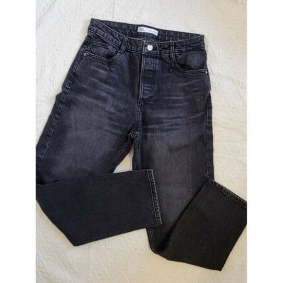 Zara High Waisted Jeans Regular Straight Boot Ankle Grey Black full 27 4 wide - Picture 1 of 6